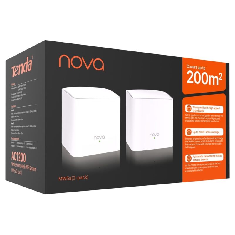 Безжична Wi-fi система Tenda Nova MW5s AC1200 MESH (2-PACK), 1167Mpbs, 2.4GHz(300Mbps) / 5GHz(867Mbps), Wireless AC, 2x 1Gbps, 2 вътрешни антени, бял Намаления и отстъпки ЧеренПетък 3