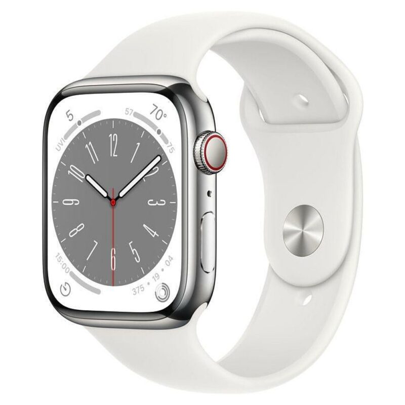 Смарт часовник Apple Watch Series 8, 45mm, 1.9″ (4.83 cm) Retina OLED дисплей, Bluetooth 5.3, A2DP, LE, Wi-Fi, NFC, водоустойчив до 50m, сребрист Намаления и отстъпки ЧеренПетък 3