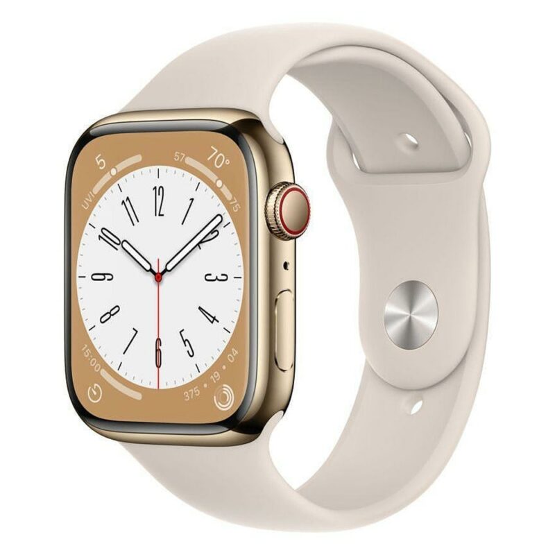 Смарт часовник Apple Watch Series 8, 45mm, 1.9″ (4.83 cm) Retina OLED дисплей, Bluetooth 5.3, A2DP, LE, Wi-Fi, NFC, водоустойчив до 50m, златист Намаления и отстъпки ЧеренПетък 3