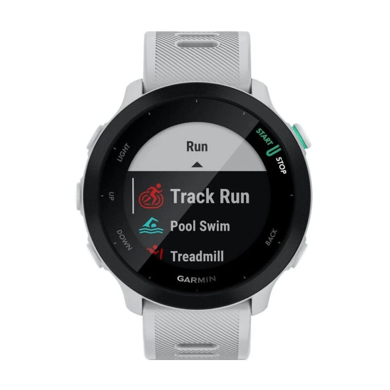 Смарт часовник Garmin Forerunner 55 White, 1.04″ (2.64 cm) дисплей, до 14 дни живот на батерията, GPS, акселерометър, пулсомер, Connect IQ, отброяване на крачките … Намаления и отстъпки ЧеренПетък 3