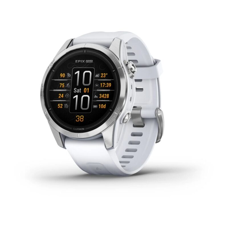 Смарт часовник Garmin epix Pro (Gen 2) Standard Edition, Silver, 42 mm, 1.4″(35.56 mm) AMOLED дисплей, 32GB, водоустойчивост, до 31 дни време на работа, GPS, компас, Silver с Whiteston … Намаления и отстъпки ЧеренПетък 3