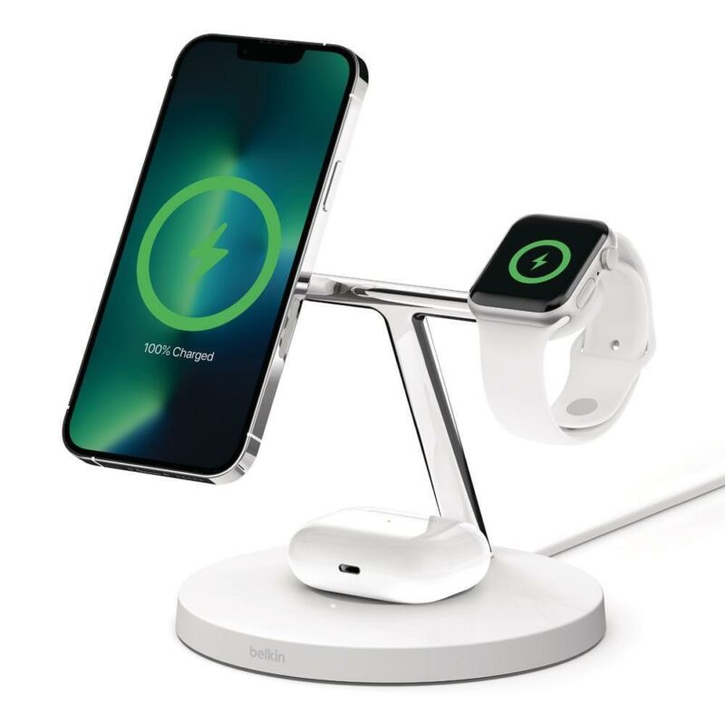 Безжично зарядно устройство Belkin BoostCharge Pro 3-in-1, безжично зареждане, MagSafe технология, поставка за зареждане на смарт часовник Apple Watch … Намаления и отстъпки ЧеренПетък 3