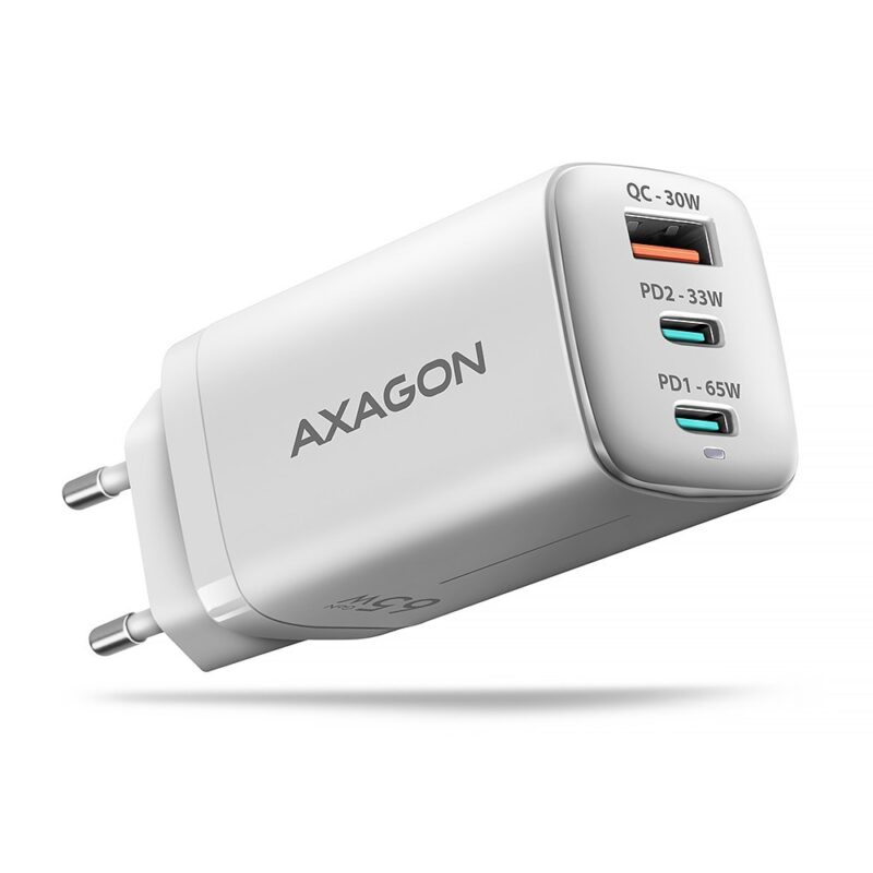 Зарядно устройство Axagon ACU-DPQ65W, от контакт към 2x USB-C(ж), 1x USB-A(ж), 65W, бяло Намаления и отстъпки ЧеренПетък 3