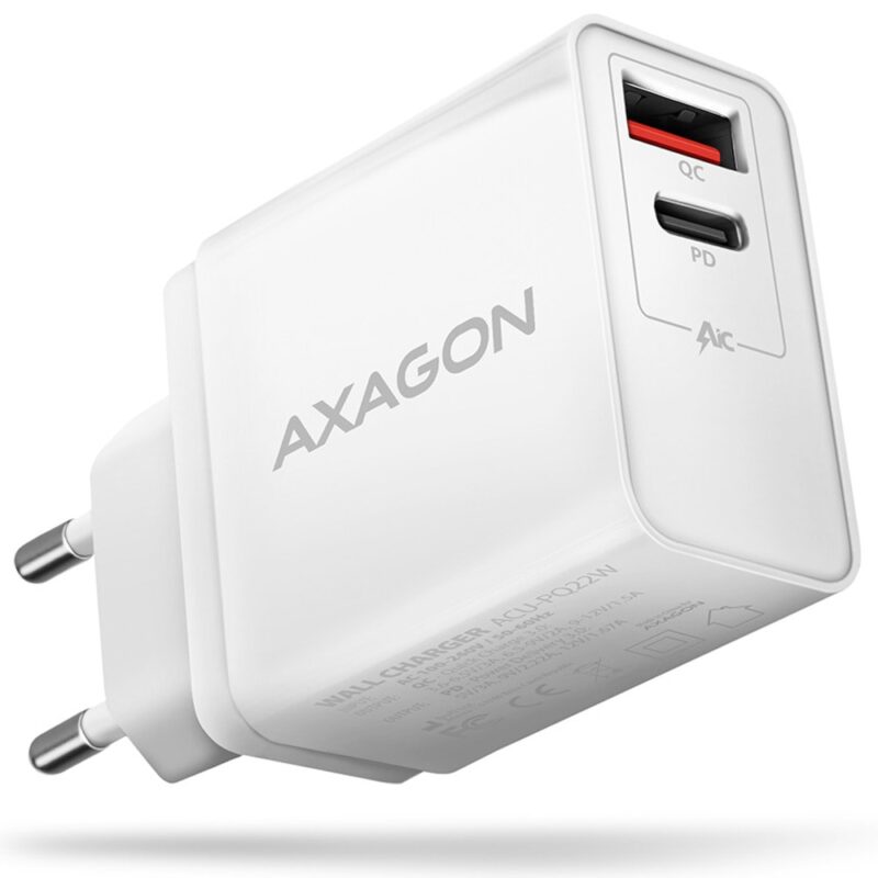 Зарядно устройство AXAGON ACU-PQ22W, от контакт към 1x USB-C(ж), 1x USB-A(ж), 22W, бяло Намаления и отстъпки ЧеренПетък 3