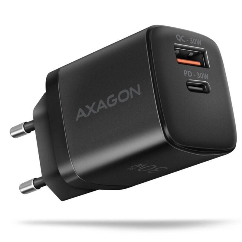 Зарядно устройство Axagon ACU-PQ30, от контакт към 1x USB A(ж)/1x USB Type-C(ж), 3.3-12V, 2.2A, черно, 30W Намаления и отстъпки ЧеренПетък 3