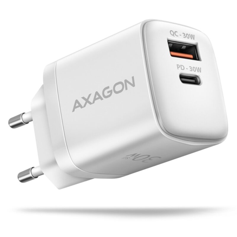 Зарядно устройство Axagon ACU-PQ30W, от контакт към 1x USB A(ж)/1x USB Type-C(ж), 3.3-12V, 2.2A, бяло, 30W Намаления и отстъпки ЧеренПетък 3