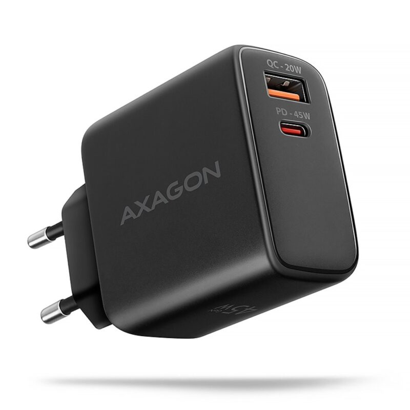 Зарядно устройство AXAGON ACU-PQ45, от контакт към 1x USB-A(ж), 1x USB-C(ж), 5V, 1A, черно, 45W Намаления и отстъпки ЧеренПетък 3