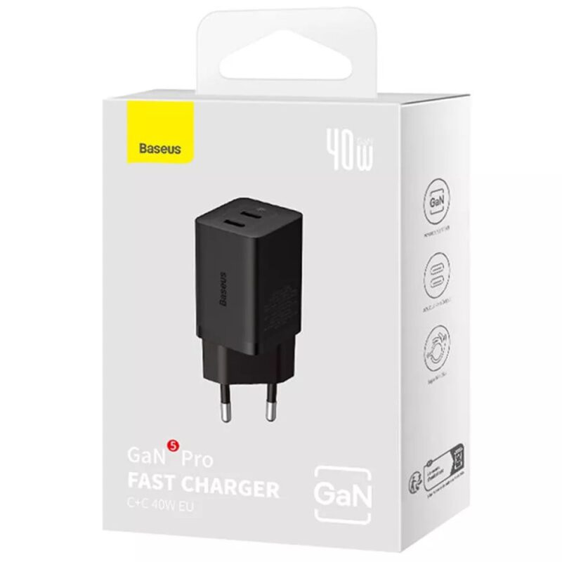 Зарядно устройство Baseus CCGP180101, от контакт към 2x USB-C(ж), 5V/3A, 40W, черно Намаления и отстъпки ЧеренПетък 3