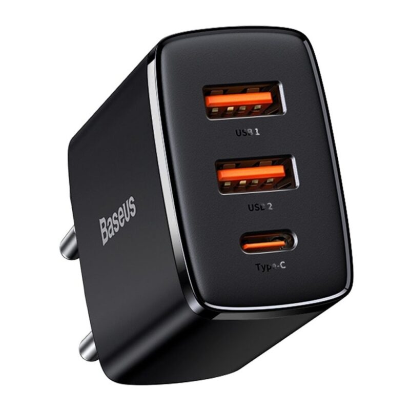 Зарядно устройство Baseus ompact Quick Wall Charger Black (CCXJ-E01), от контакт към 2x USB-A(ж)/ 1x USB-C(ж), 5-20V/1.5-3A, 30W, черно Намаления и отстъпки ЧеренПетък 3
