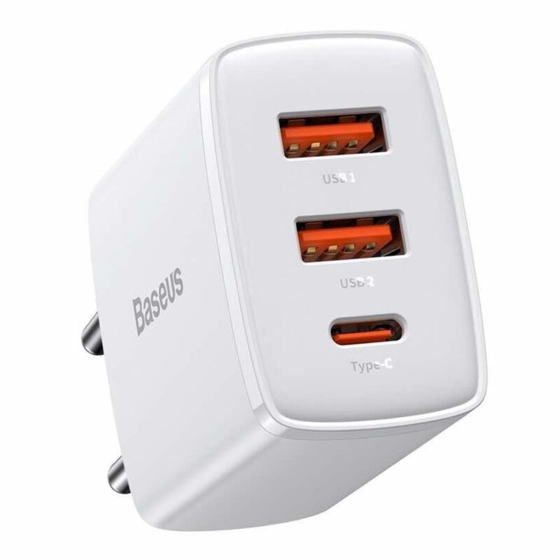 Зарядно устройство Baseus Compact Quick Wall Charger (CCXJ-E02), от контакт към 2x USB-A(ж)/ 1x USB-C(ж), 5-20V/1.5-3A, 30W, бяло Намаления и отстъпки ЧеренПетък 3