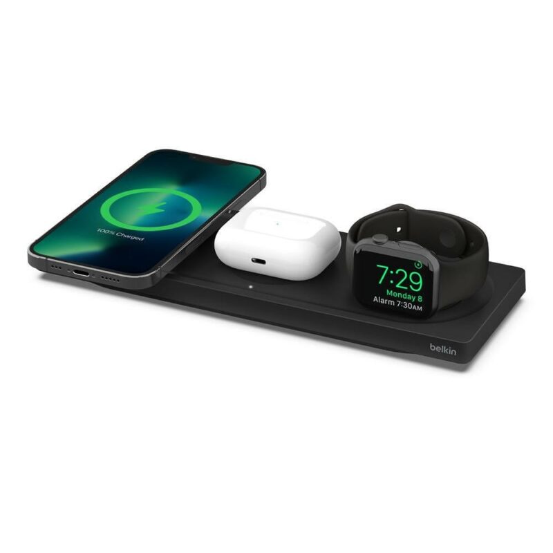 Безжично зарядно устройство Belkin BoostCharge Pro 3-in-1 Wireless Charging Pad, MagSafe технология, поставка за зареждане на смарт часовник Apple Watch, поставка за … Намаления и отстъпки ЧеренПетък 3