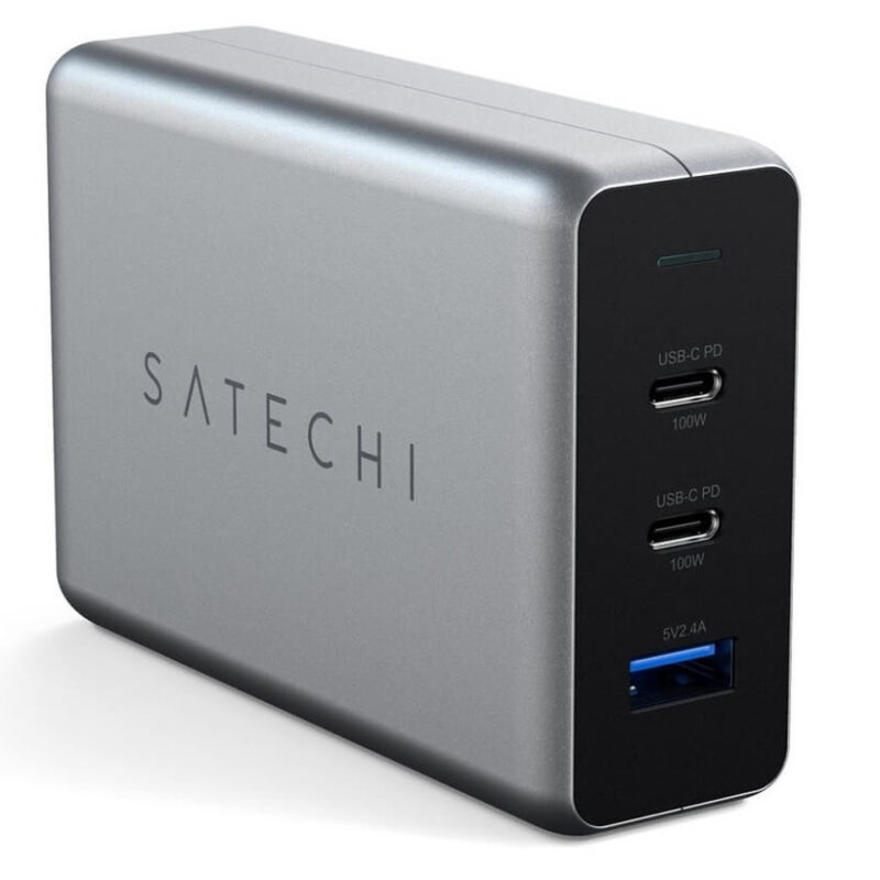 Зарядно устройство Satechi Compact GaN Charger ST-TC100GM-EU, от контакт към 1x USB-A(ж)/ 2x USB-C(ж), 100W, сиво Намаления и отстъпки ЧеренПетък 3