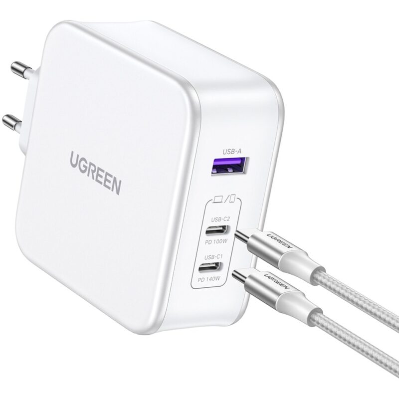 Зарядно устройство Ugreen Nexode (15339), от контакт към 1x USB-A(ж)/2x USB-C(ж), 12V/1.5A, бяло, 140W Намаления и отстъпки ЧеренПетък 3