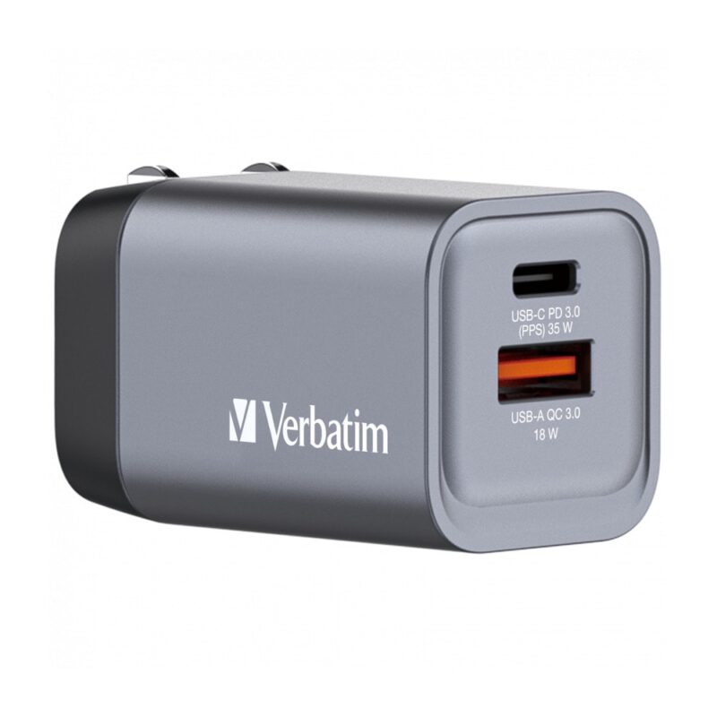 Зарядно устройство Verbatim GNC-35 GaN, от контакт EU/UK/US към 1x USB-A(ж), 1x USB-C(ж), 20V/1.75A, сиво, QC 3.0 Намаления и отстъпки ЧеренПетък 3