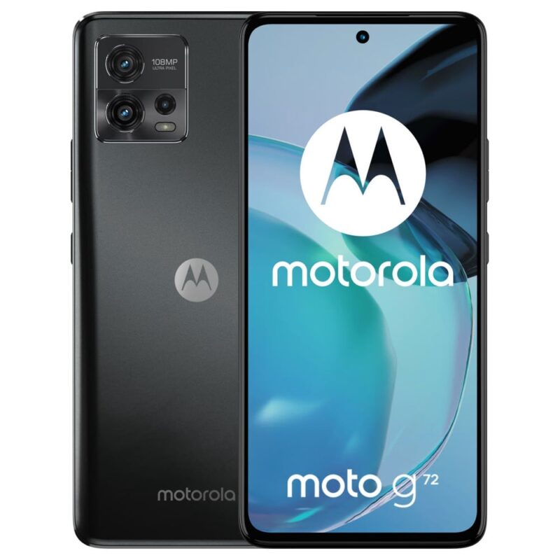 Смартфон Motorola Moto G72 (черен), поддържа 2 SIM карти, 6.55″ (16.63cm) P-OLED 120Hz дисплей, осемядрен MediaTek Helio G99 (2x 2.2 GHz & 6x 2.0 GHz), 8GB RAM, 256GB Flash памет, 108 + 8 + 2 + 16 Mpix … Намаления и отстъпки ЧеренПетък 3