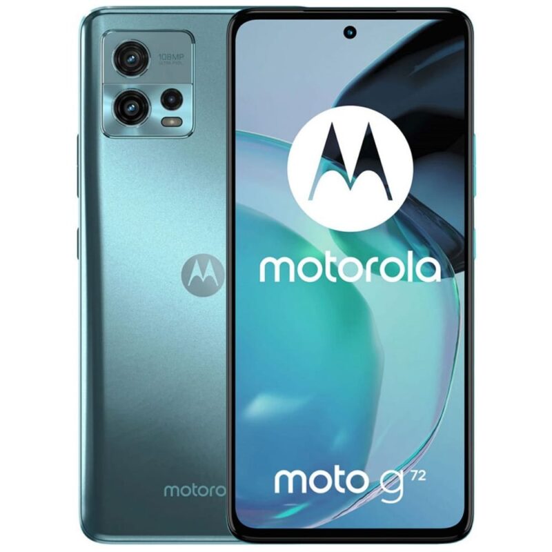 Смартфон Motorola Moto G72 (син), поддържа 2 SIM карти, 6.55″ (16.63cm) P-OLED 120Hz дисплей, осемядрен MediaTek Helio G99 (2x 2.2 GHz & 6x 2.0 GHz), 8GB RAM, 256GB Flash памет, 108 + 8 + 2 + 16 Mpix … Намаления и отстъпки ЧеренПетък 3