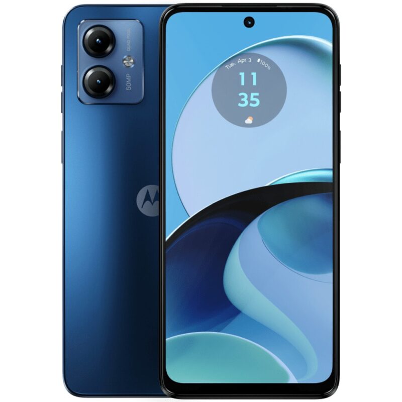 Смартфон Motorola Moto G14 (син), поддържа 2 SIM карти, 6.5″ (16.51cm) IPS Full HD+ дисплей, осемдядрен Unisoc T616 2×2.0 & 6×1.8 GHz, 4GB RAM, 128GB Flash памет (+microSD слот), 50 + 2 + 8 Mpix … Намаления и отстъпки ЧеренПетък 3