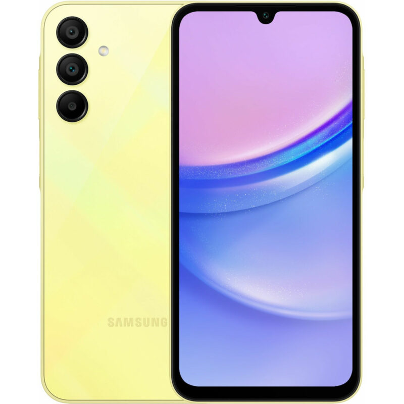 Смартфон Samsung Galaxy A15 (жълт), поддържа 2 sim карти, 6.5″ (16.51 cm) AMOLED 90 Hz дисплей, осемядрен MediaTek Helio G99 (2x 2.2 GHz & 6x 2.0 GHz), 4GB RAM, 128GB Flash памет(+microSD слот), 50.0 … Намаления и отстъпки ЧеренПетък 3