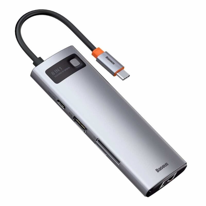 Докинг станция Baseus Metal Gleam Series 8-in-1 (CAHUB-CV0G), от USB C към 1x USB C, 3x USB A, 1x HDMI, 1x RJ45, 1x четец на карти, сребриста Намаления и отстъпки ЧеренПетък 3