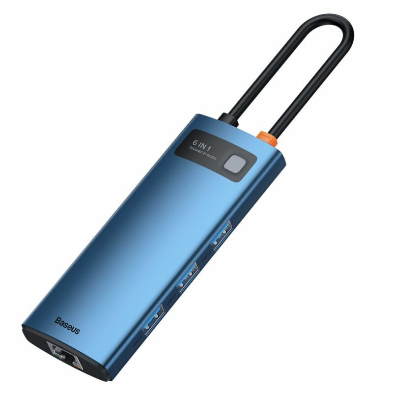 Докинг станция Baseus USB-C Metal Gleam Series 6-in-1 Hub, от USB C към 1x USB C / 3x USB A / 1x HDMI / 1x RJ45, синя Намаления и отстъпки ЧеренПетък 3