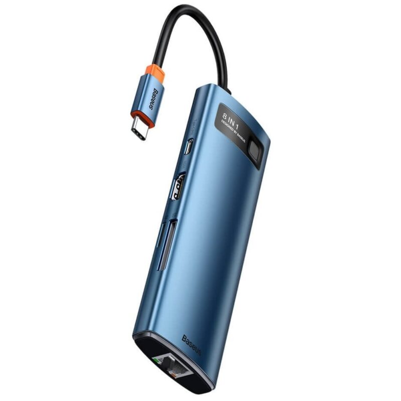 Докинг станция Baseus USB-C Metal Gleam Series 8-in-1 Hub, от USB C към 1x USB C, 3x USB A, 1x HDMI, 1x RJ45, 1x SD/MicroSD четец на карти, сива Намаления и отстъпки ЧеренПетък 3