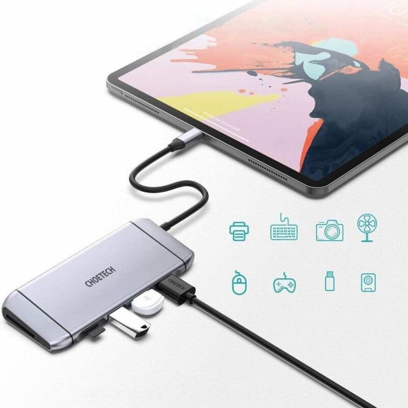 Докинг станция Choetech 9-in-1 USB-C Hub, от USB C към 1x USB C(PD), 3x USB A, 1x HDMI, 1x VGA, 1x RJ45, 1x SD/MicroSD четец на карти, сива Намаления и отстъпки ЧеренПетък 3