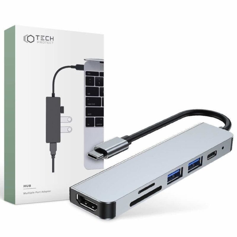 Докинг станция Tech-Protect USB-C Hub 6in1 v4, от USB C към 1x USB C, 2x USB A, 1x HDMI, 1x SD/MicroSD четец на карти, сива Намаления и отстъпки ЧеренПетък 3