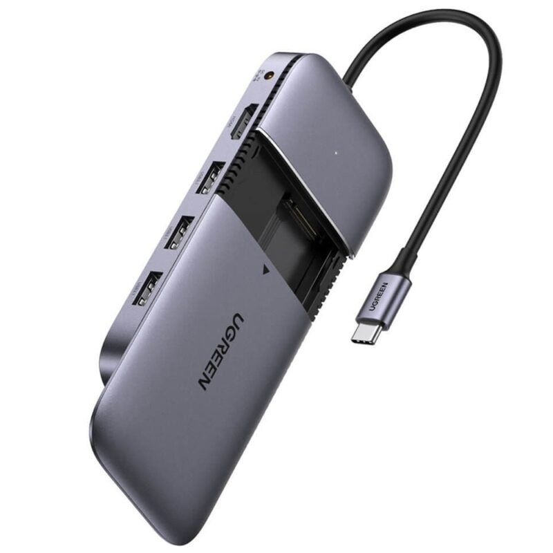 Докинг станция Ugreen 6-in-1 USB-C Hybrid Multiport Adapter (70449 (CM296)), от USB C към 1x USB C(PD), 3x USB A, 1x HDMI, 1x M.2 SATA, сива Намаления и отстъпки ЧеренПетък 3