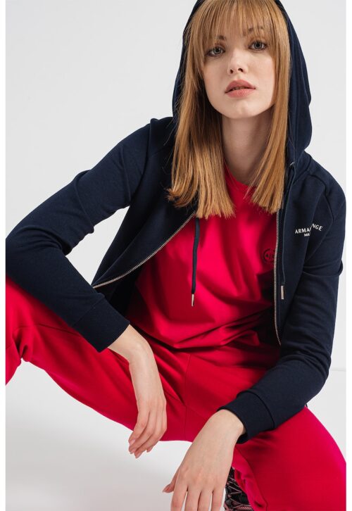 Тъмносин худи с цип и регулируема качулка с ръкави реглан