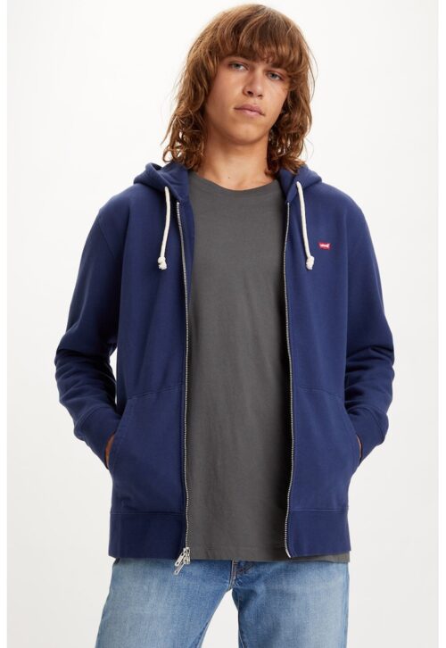 Памучно худи с цип в тъмносин цвят