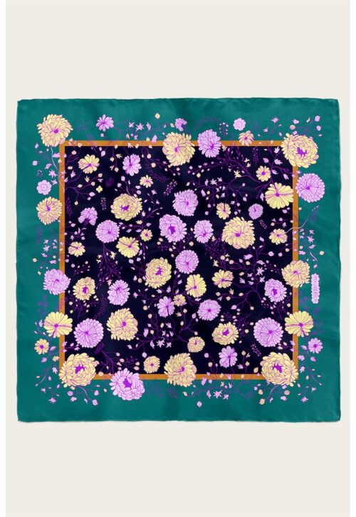 копринен шал с флорален десен в лилав, персийско зелен и тъмносин цвят