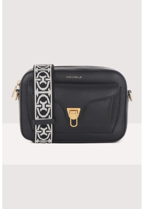 Кожена чанта през рамо Beat Soft в златист и черен цвят с отделяща се презрамка с принт