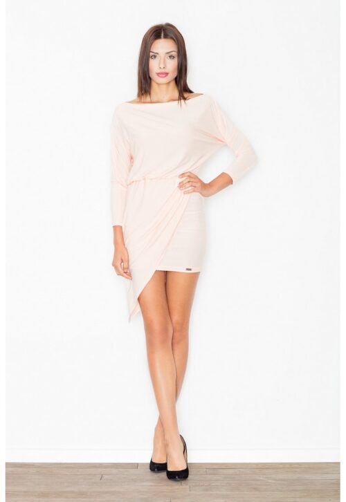 Розова асиметрична рокля от полиестер