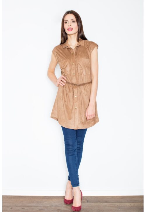 Кафява велурена рокля с копчета и колан