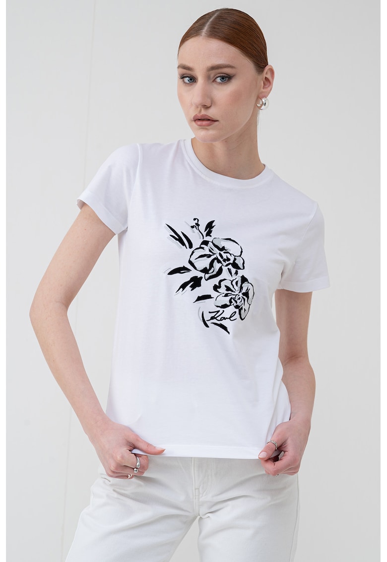 Karl Lagerfeld Тениска с фигурален принт – Бял/Черен/Сив Намаления и отстъпки 3 Тениска с фигурален принт в бял, черен и сив цвят, памучна и удобна