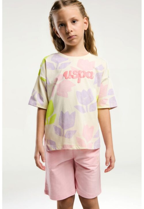 Тениска и шорти комплект в светлорозово и крем цвят от памук