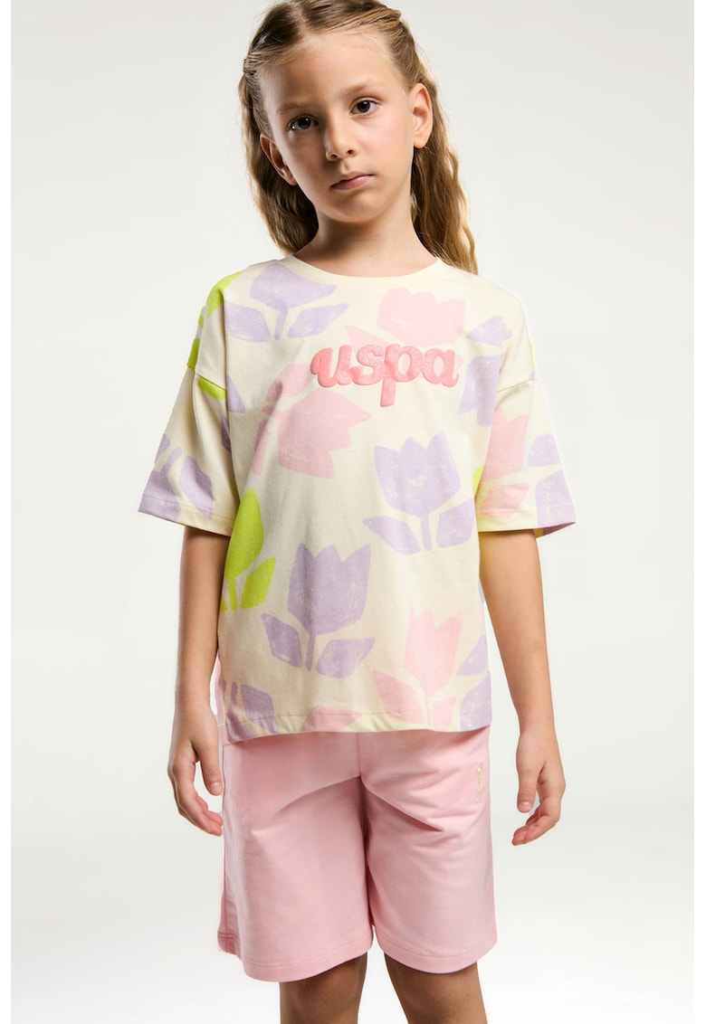 US Polo Assn Тениска и шорти – 2 части – Светлорозов/Крем Намаления и отстъпки 3 Тениска и шорти комплект в светлорозово и крем цвят от памук