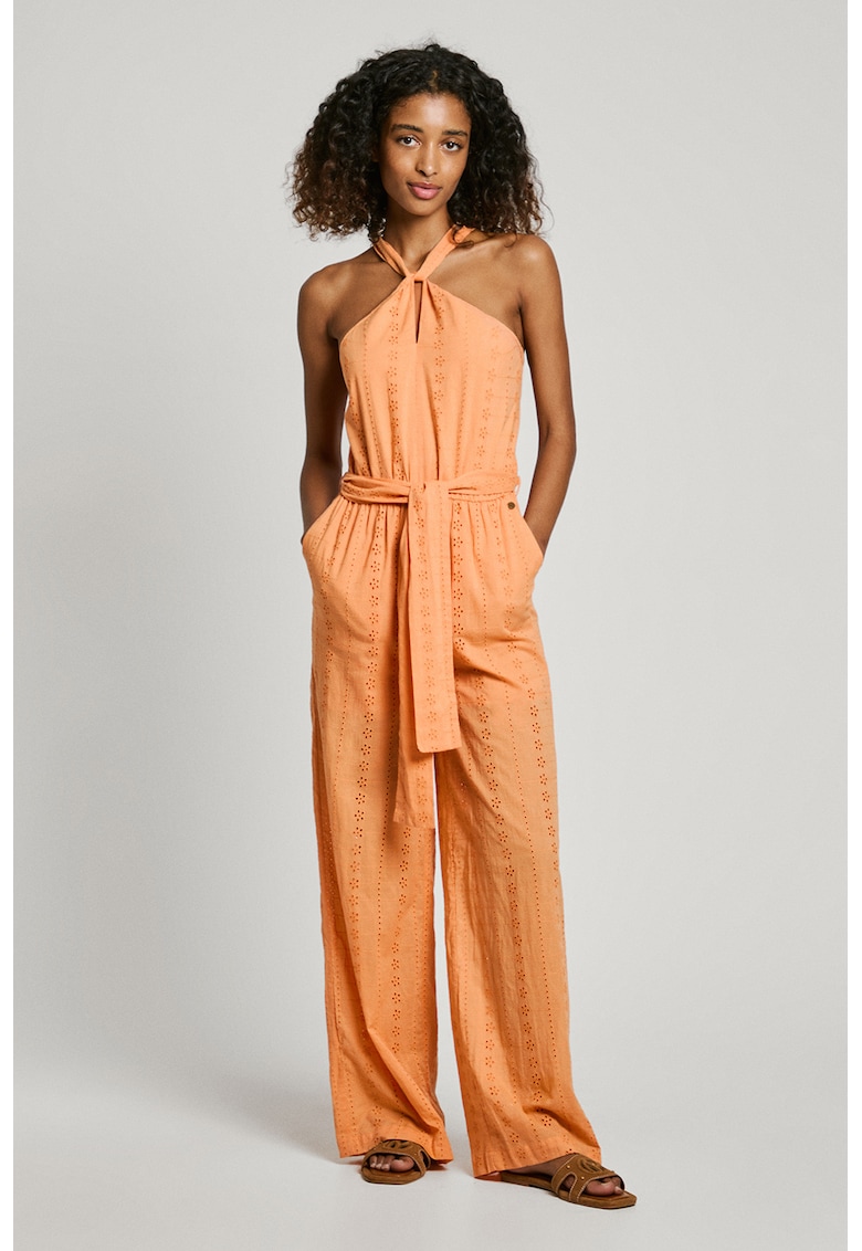 Pepe Jeans London Халтер гащеризон – Оранжев Намаления и отстъпки 3 Оранжев дамски халтер гащеризон от вискоза без ръкави с дълъг панталон