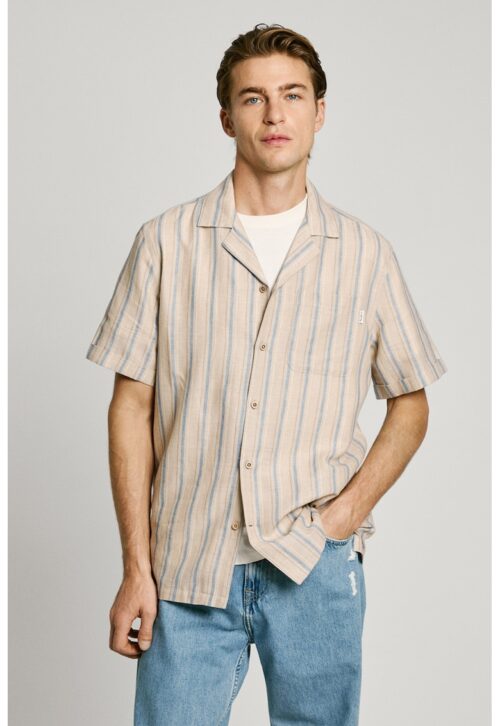 Риза с къси ръкави в бежов и светлосин цвят с райе принт