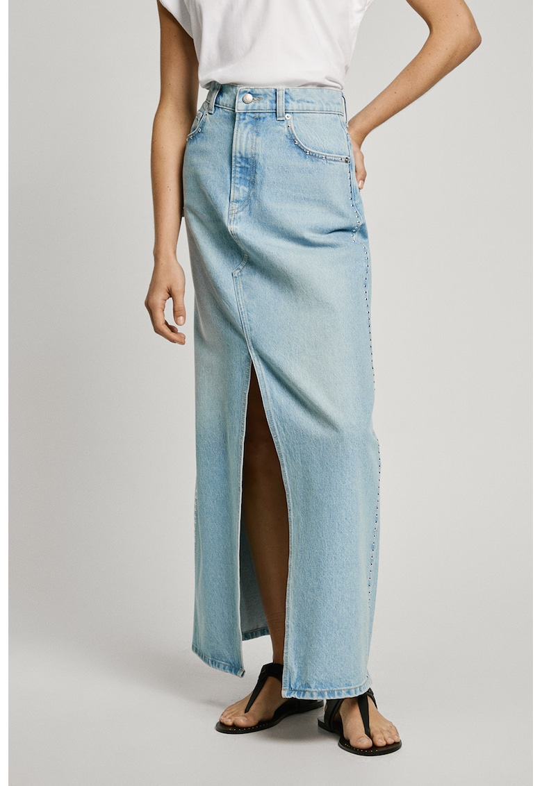 Pepe Jeans London Дълга дънкова пола с цепка – Светлосин Намаления и отстъпки 3 Дълга светлосиня дънкова пола с висока талия и цепка отпред