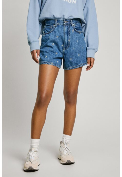 Къси дънки с висока талия в бял и тъмносин цвят с флорален принт