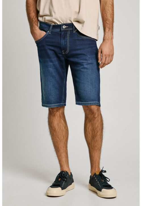 тъмносини дънкови бермуди с 5 джоба и средновисока талия