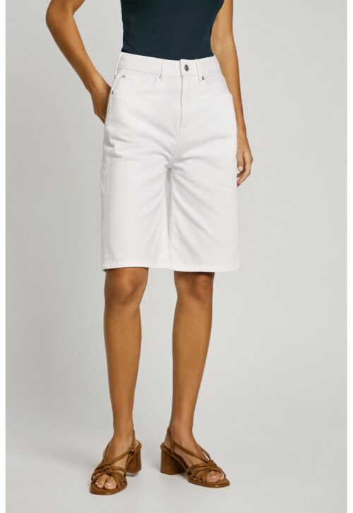 Бели къси дънки със средна талия от памук с 5 джоба