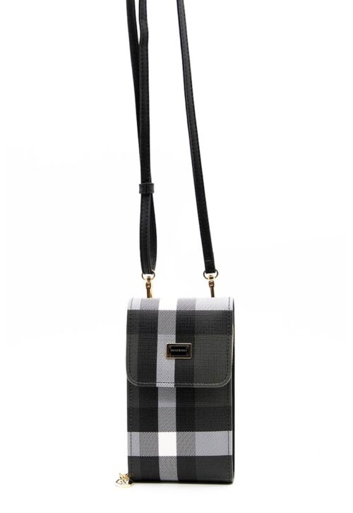 Карирана чанта през рамо за телефон в бяло и черно