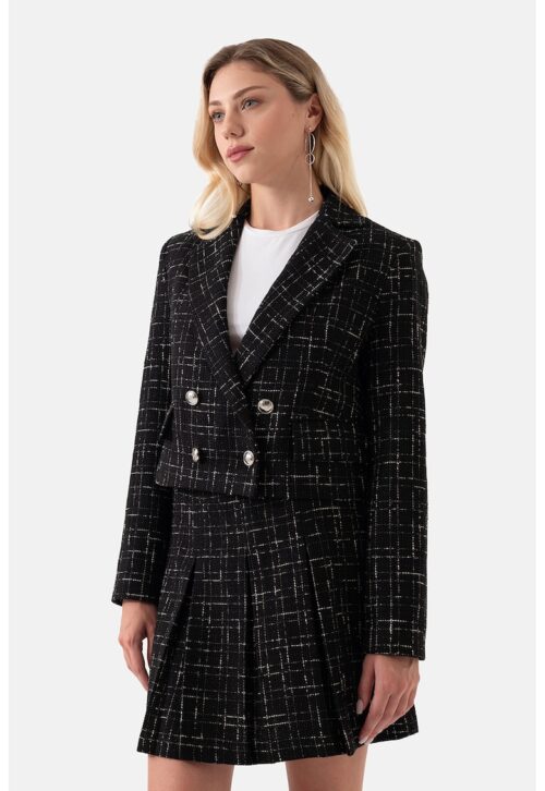 Късо сако от туид в черно и крем с каре принт и ревери