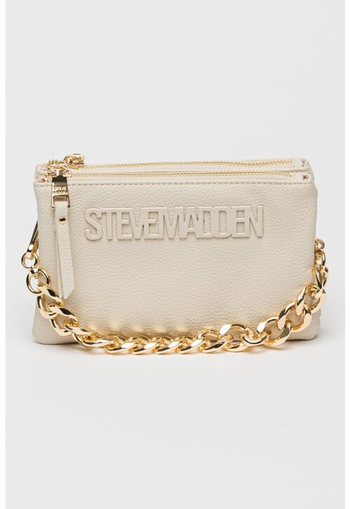 Чанта през рамо Nicco от бежова еко кожа с лого и златисти детайли