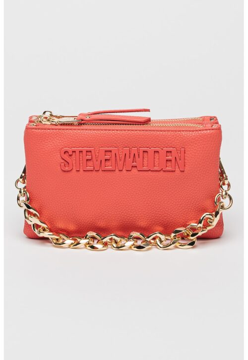 Чанта през рамо Nicco от еко кожа в коралов цвят с лого и златисти детайли