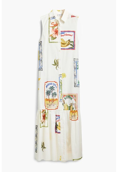 Рокля-риза с фото щампа в бяло, зелено и синьо, памучна и разкроена