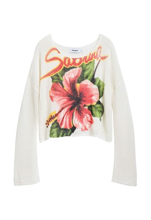 Флорална блуза с памук с паднали ръкави в мръснобял, розово и папратово зелено