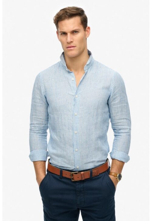 Риза от модал с остра яка в бял и пастелносин цвят